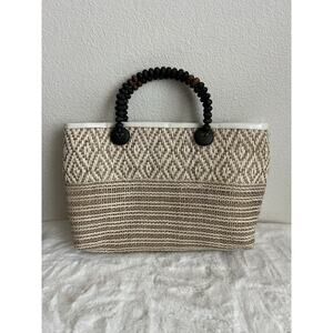 Women’s Woven Wooden Handle Bag Purse Zip Closure Tan Cream Brown